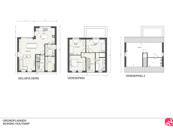 Grondplan, houtsnip, open bebouwing, eigentijdse woning