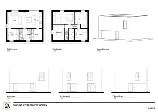 Gevel- en grondplan, moderne woning, open bebouwing, citroenkeeltoekan