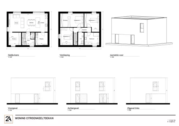 Gevel- en grondplan, moderne woning, open bebouwing, citroenkeeltoekan